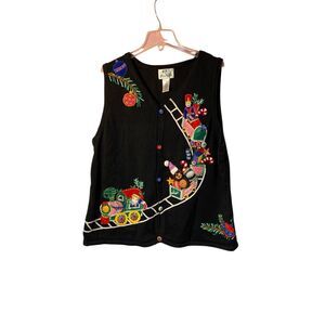 Vintage Quacker factory women’s embroidered train Santa vest size 1X